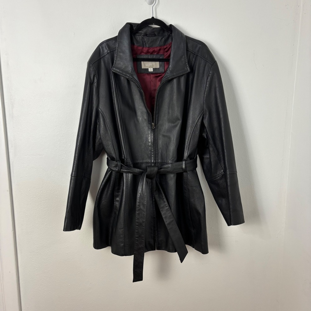 Vintage Croft & Barrow Black Leather Belted Zip Jacket Women 3X Long Sleeve Coat